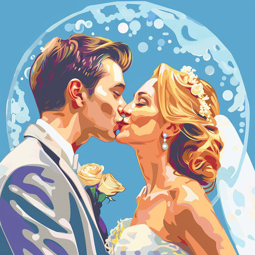 Smiling bride kissing wedding on blue background