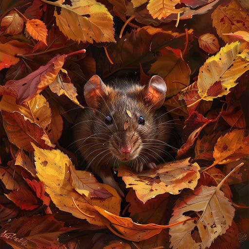 Brown rat peeking from pile of autumn leaves