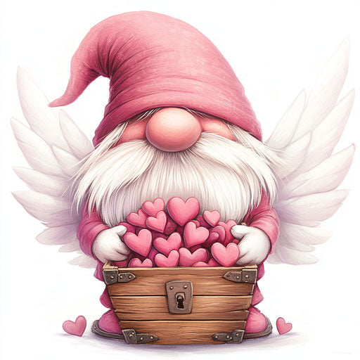 Valentine's Day gnome with treasure chest in airbrush style