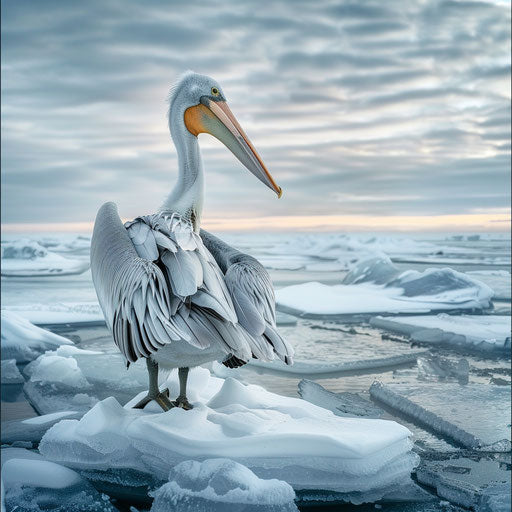 Pelican standing on an icy shore