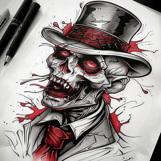 Charming flat tattoo sketch of a zombie with top hat, clipart style