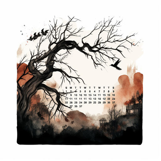 Illustration of months of the year in the style of Chiaroscuro Art, on white background