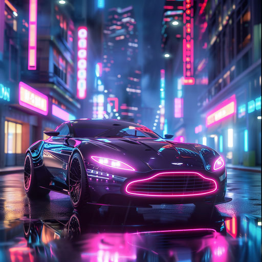 Futuristic Aston Martin DB6 concept car with sleek, aerodynamic lines and neon underglow, driving through a neon-lit city at night.