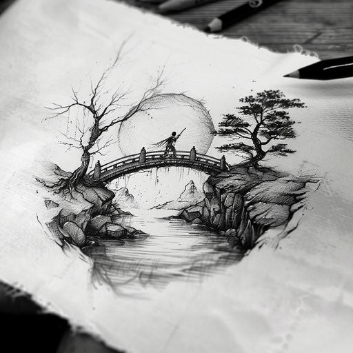 Vintage flat tattoo sketch of a soul crossing an old-style bridge over misty waters