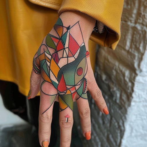Abstract colorful hand tattoo for women, geometric shapes