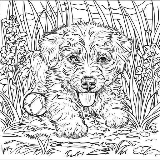 Playful puppy with a ball in a grassy yard