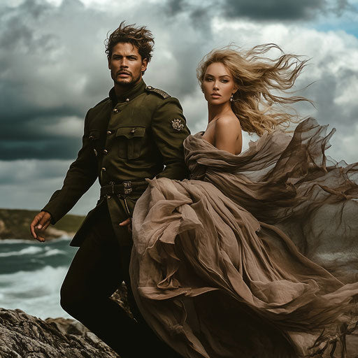 Confident man in military-style jacket and glamorous woman in flowing chiffon dress pose on windswept rocky coastline with dramatic skies.