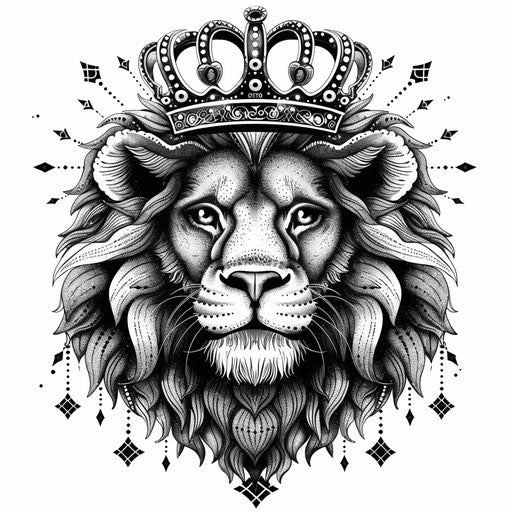 Flat tattoo sketch of a lion with a crown, elegant style