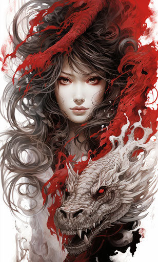 Black and white and red dragons tattoo, graphic novel art, Necronomicon illustrations