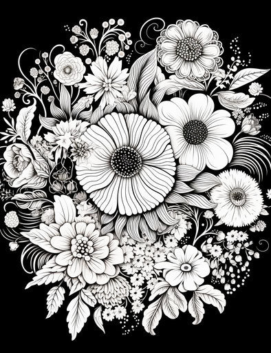 Black and white flowers in a round design, fantastical style, delicate coloring, playful arrangements, colorful