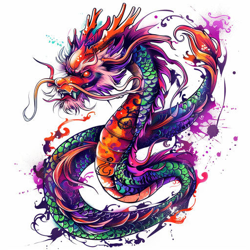 Vibrant anime-inspired dragon tattoo design, rich in color