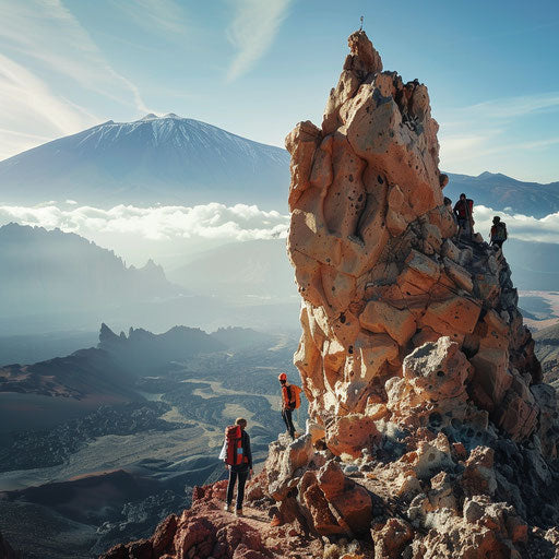 Hikers climbing Mount Teide, Canary Islands, panoramic view