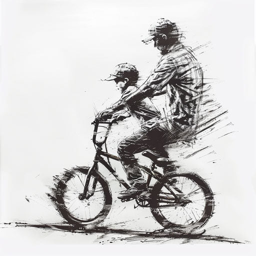 Learning to ride a bike between a father and his son