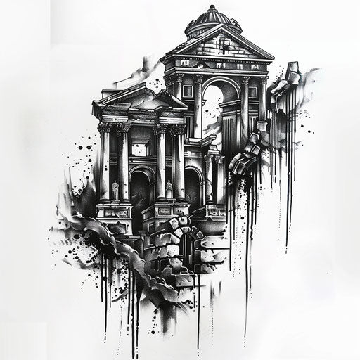 Gothic-style tattoo design featuring Roman architecture