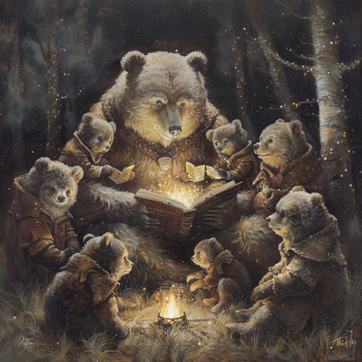 Nostalgic painting of bears gathering around an old wise bear telling stories