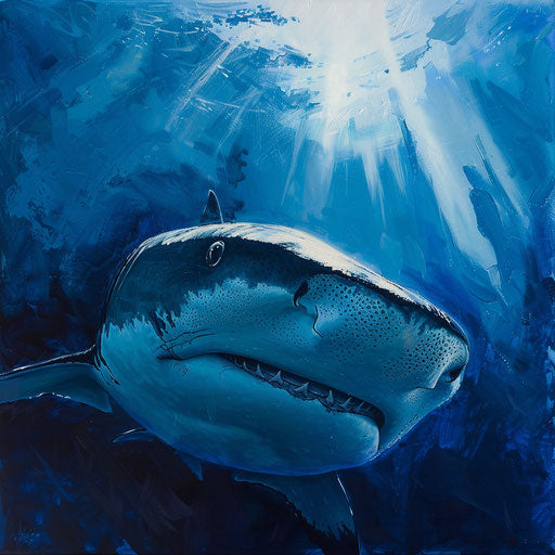 Intimate portrait of a tiger shark swimming in the blue sea