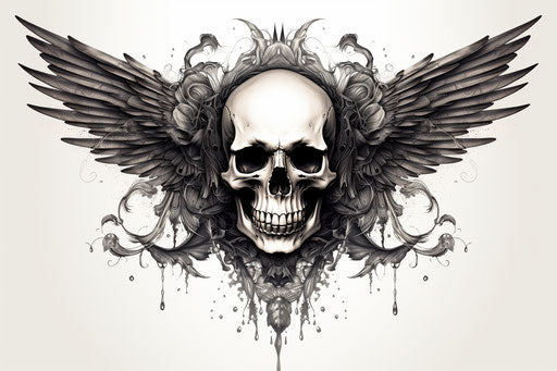 Black and white skull and wings with ornate tattoo style