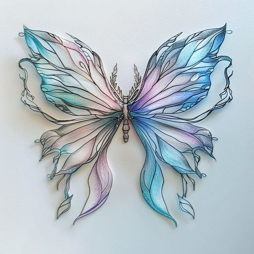 Drawing of elegant fairy wings tattoo in pastel shades