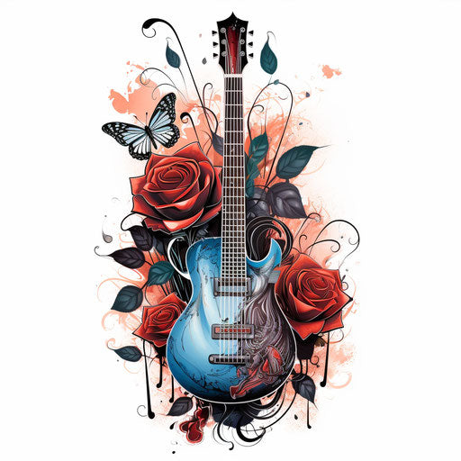 Electric guitar with roses and butterflies poster, tattoo style, icepunk