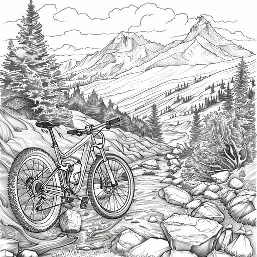 Mountain bike on rugged trail, mountain backdrop. Coloring page