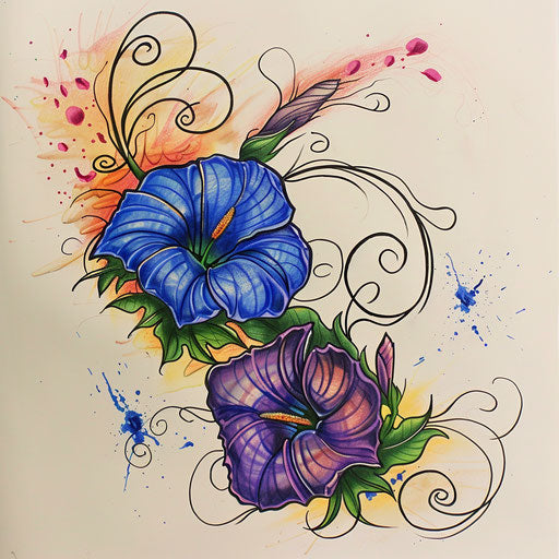 Dynamic tattoo sketch of morning glory with swirling vines and explosive color bursts