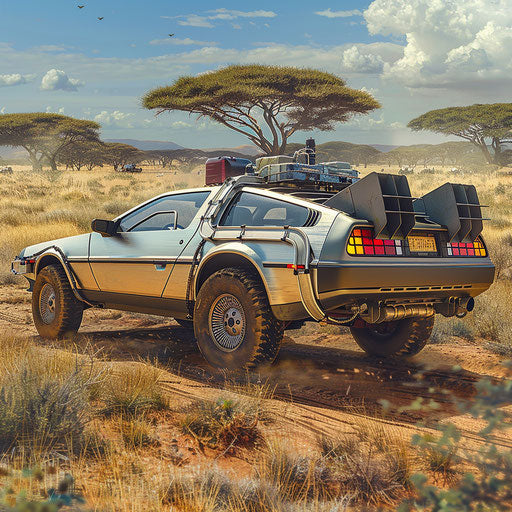 Exploring the African savannah in a 1981 DeLorean DMC-12