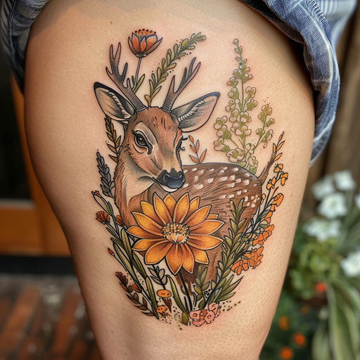 Wildflower tattoo with deer, earthy colors, woodland theme