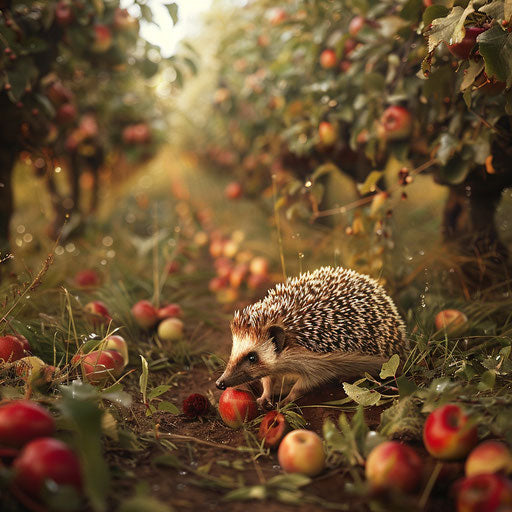 Hedgehog strolling through dewy orchard