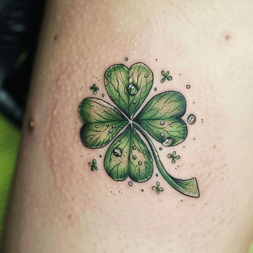 Detailed flat tattoo sketch of a 4 leaf clover with realistic dewdrops and a fresh green palette
