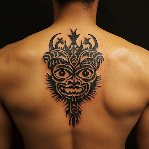 Tribal tattoos for men with tribal warrior mask on the upper back