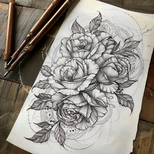Elegant flat tattoo sketch of a bouquet of June roses intertwined with lace patterns