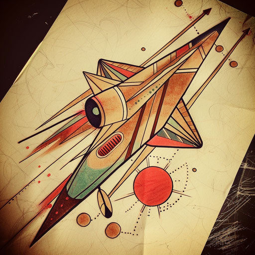 Retro tattoo sketch of a paper airplane with 1950s style patterns and muted colors