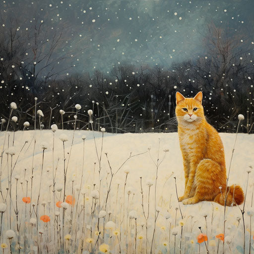 Orange cat in a field while it is snowing