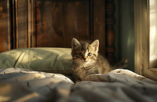 Kitten sitting on a bed with an open door