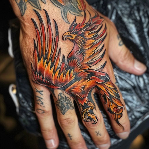 Phoenix knuckle tattoos, Ami James style