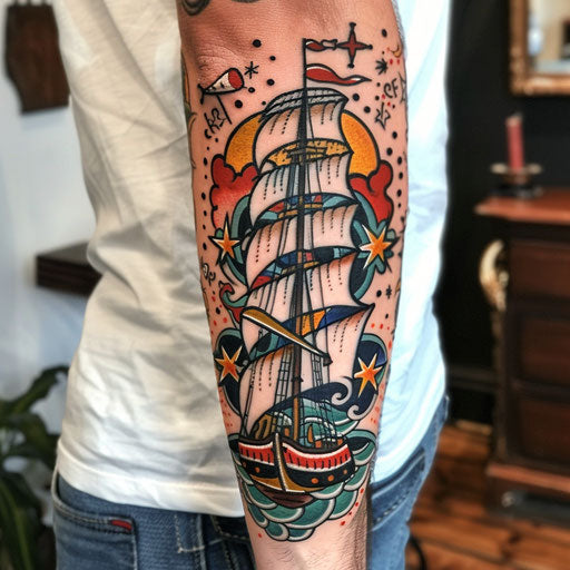Men's forearm tattoo with nautical theme, Sailor Jerry style