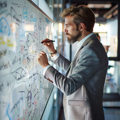 A businessman in a modern office space, writing on a whiteboard with innovative ideas