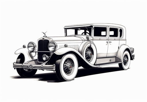 Old car drawn in black and white on white background, inspired by the artist's style, classic American 33:23