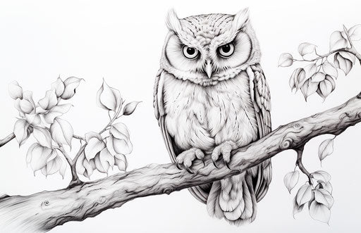 Cute owl on a branch, subtle ink wash style