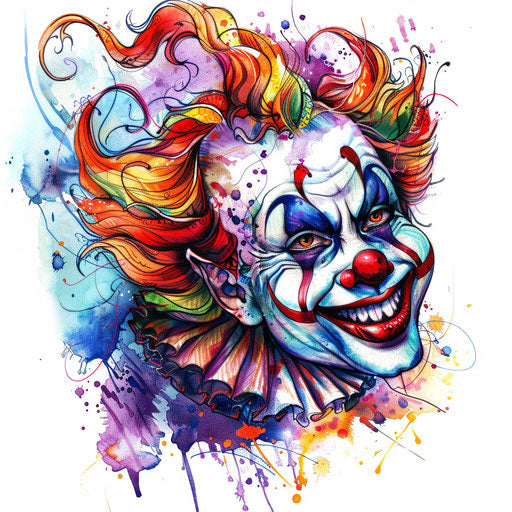 Detailed colorful clown tattoo design on pure white background