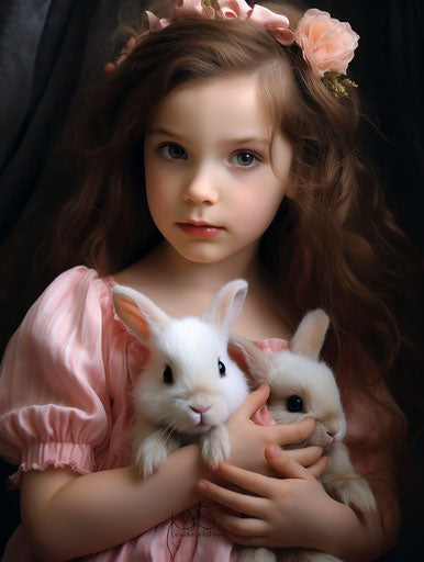 Girl holding bunnies, animated gifs, light amber and pink, photorealistic eye
