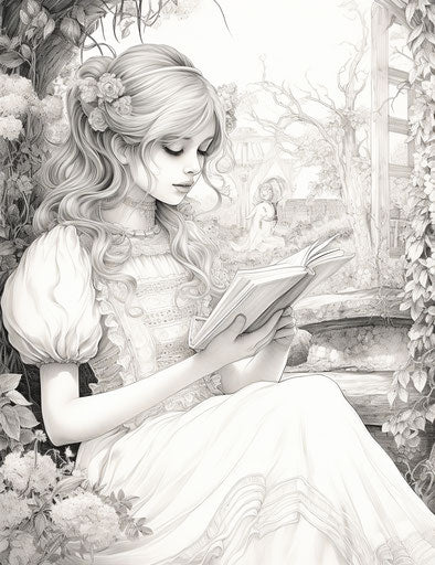 Beautiful lady reading a book in the garden, pencil-steampunk style, mono-ha 24:31