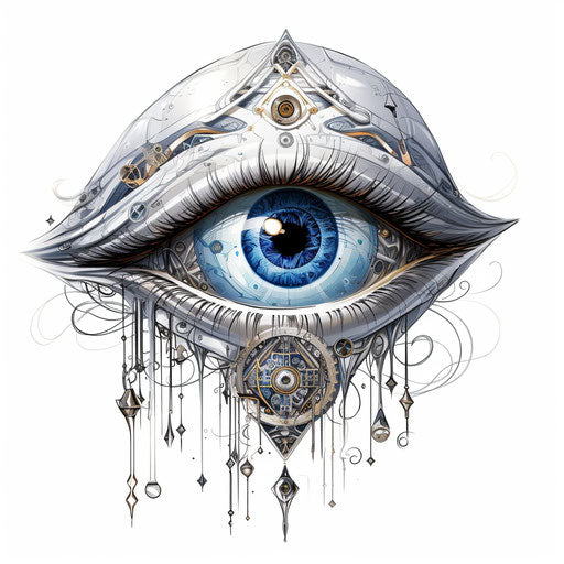 White eye with symbols, futuristic art, classic tattoo