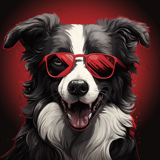 Border collie with glasses and logo, isolated vector illustration