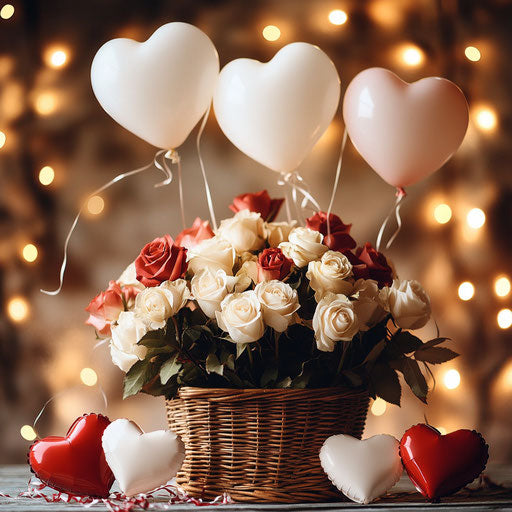Basket of roses and flowers surrounded by heart balloons
