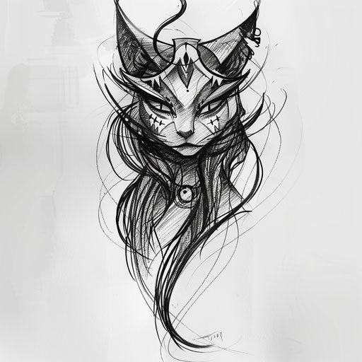 Stylized flat tattoo sketch of Bastet with a wind-swept mane and dramatic shadows