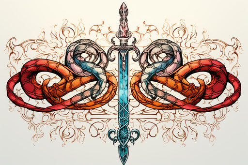 Crossed swords with snake, colorful fantasy tattoo style