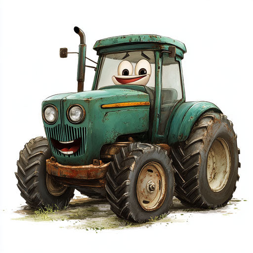 Humorous caricature of a tractor with human characteristics
