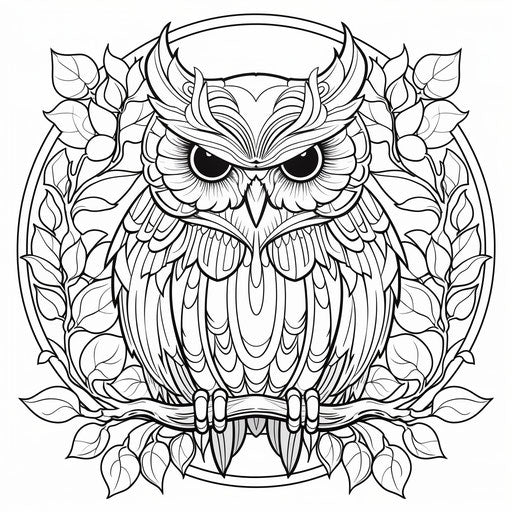 Coloring book page with owl, simplified style, shiny eyes
