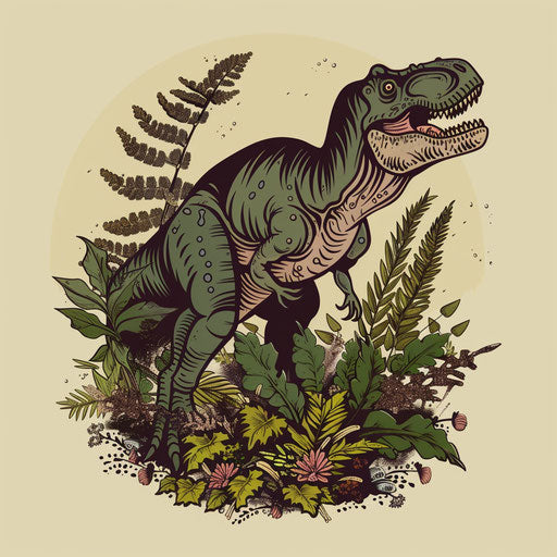 Classic sketch of a T rex with Jurassic foliage